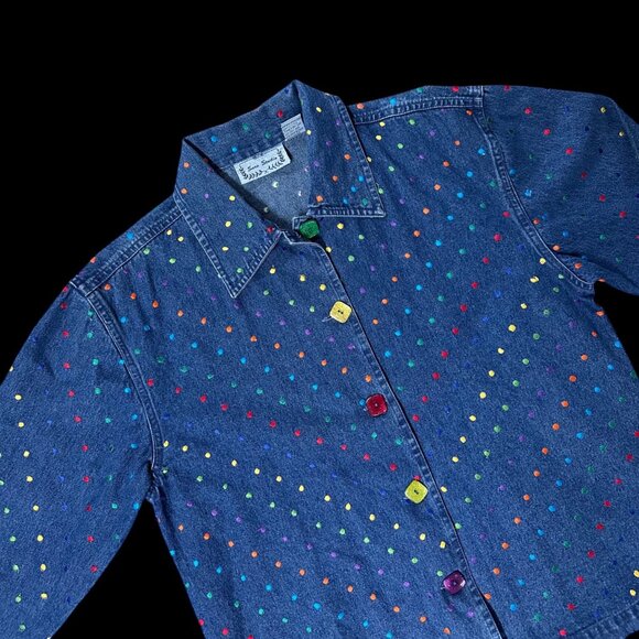 Vintage Denim Shirt Jacket Polka Dot Embroidery Small 1990s Rainbow Button Up - Picture 1 of 9